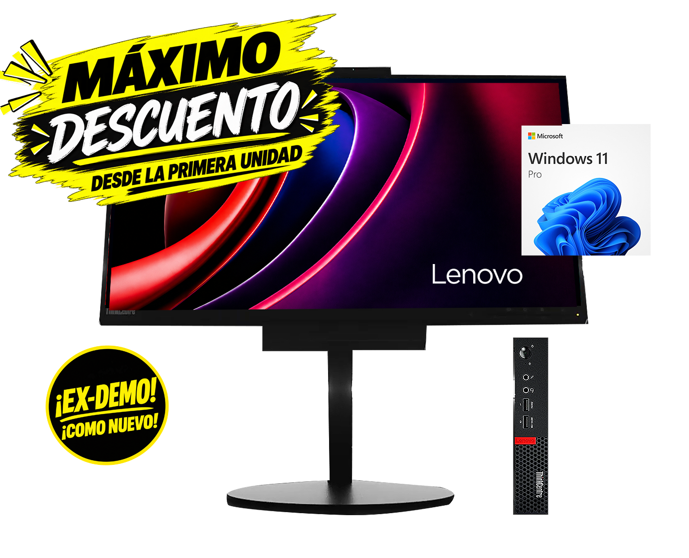 Lenovo Thinkcentre M920Q + monitor A17TIO22 i5‑8500T, 8GB, HDD 500GB SATA , 22” FHD, Webcam, ¡Ex‑demo!